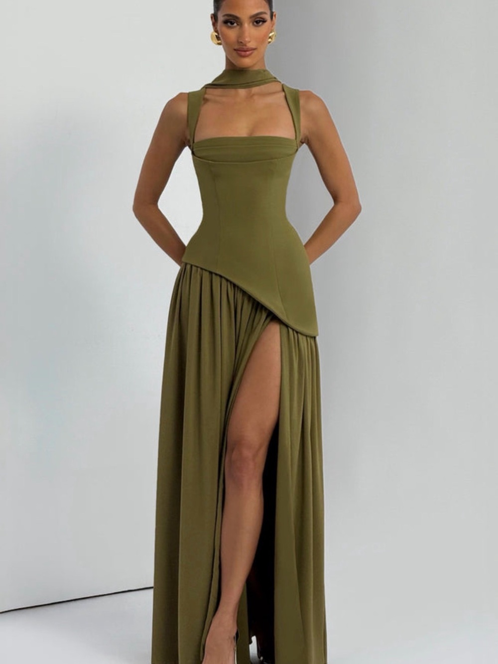 Olive Green Strap Corset Maxi Gown with High Slit
